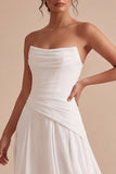 Strapless witte gerimpelde A-lijn midi verlovingsjurk