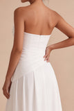 Strapless witte gerimpelde A-lijn midi verlovingsjurk