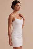 Bloemen Jacquard Bodycon Spaghetti Straps Mini Kleine Witte Jurk