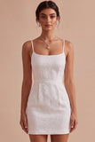 Bloemen Jacquard Bodycon Spaghetti Straps Mini Kleine Witte Jurk