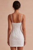 Bloemen Jacquard Bodycon Spaghetti Straps Mini Kleine Witte Jurk