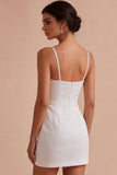 Bloemen Jacquard Bodycon Spaghetti Straps Mini Kleine Witte Jurk