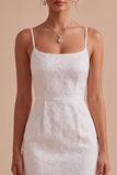 Bloemen Jacquard Bodycon Spaghetti Straps Mini Kleine Witte Jurk