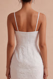 Bloemen Jacquard Bodycon Spaghetti Straps Mini Kleine Witte Jurk