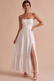 Strapless witte Jacquard A-lijn korset lange verlovingsjurk met split
