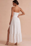 Strapless witte Jacquard A-lijn korset lange verlovingsjurk met split
