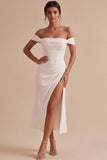 Witte off-the-shoulder korset-sheath midi verlovingsjurk met split