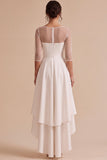 Witte verlovingsjurk met hoge hals en asymmetrische zoom A-lijn met 3/4 mouwen