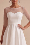 Witte verlovingsjurk met hoge hals en asymmetrische zoom A-lijn met 3/4 mouwen