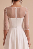 Witte verlovingsjurk met hoge hals en asymmetrische zoom A-lijn met 3/4 mouwen