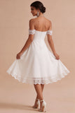 Off-the-shoulder A-lijn gerimpelde midi kleine witte jurk met kant