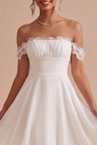 Off-the-shoulder A-lijn gerimpelde midi kleine witte jurk met kant
