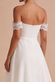 Off-the-shoulder A-lijn gerimpelde midi kleine witte jurk met kant
