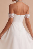 Off-the-shoulder A-lijn gerimpelde midi kleine witte jurk met kant