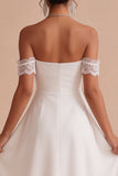Off-the-shoulder A-lijn gerimpelde midi kleine witte jurk met kant