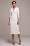 Witte V-hals midi verlovingsjurk met 3/4 mouwen