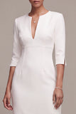 Witte V-hals midi verlovingsjurk met 3/4 mouwen