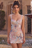 Roze korset Bodycon vierkante hals Mini Homecoming-jurk met applicaties