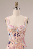 Roze korset Bodycon vierkante hals Mini Homecoming-jurk met applicaties