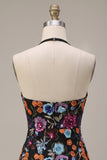 Zwarte Bodycon halter rugloze bloemen korte homecomingjurk met pailletten