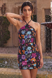 Zwarte Bodycon halter rugloze bloemen korte homecomingjurk met pailletten