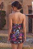 Zwarte Bodycon halter rugloze bloemen korte homecomingjurk met pailletten