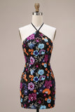 Zwarte Bodycon halter rugloze bloemen korte homecomingjurk met pailletten