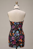 Zwarte Bodycon halter rugloze bloemen korte homecomingjurk met pailletten