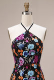 Zwarte Bodycon halter rugloze bloemen korte homecomingjurk met pailletten