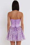 Lila korset pailletten appliques satijn A-lijn strapless korte homecoming jurk