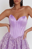 Lila korset pailletten appliques satijn A-lijn strapless korte homecoming jurk