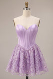 Lila korset pailletten appliques satijn A-lijn strapless korte homecoming jurk