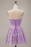 Lila korset pailletten appliques satijn A-lijn strapless korte homecoming jurk