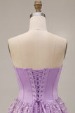 Lila korset pailletten appliques satijn A-lijn strapless korte homecoming jurk