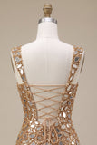 Gouden spiegelpailletten tule bodycon Dikke bandjes korte homecoming jurk met zijsplit