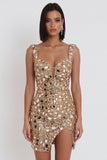 Gouden spiegelpailletten tule bodycon Dikke bandjes korte homecoming jurk met zijsplit