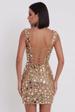 Gouden spiegelpailletten tule bodycon Dikke bandjes korte homecoming jurk met zijsplit