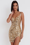 Gouden spiegelpailletten tule bodycon Dikke bandjes korte homecoming jurk met zijsplit