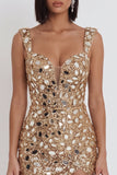 Gouden spiegelpailletten tule bodycon Dikke bandjes korte homecoming jurk met zijsplit