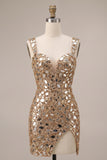 Gouden spiegelpailletten tule bodycon Dikke bandjes korte homecoming jurk met zijsplit