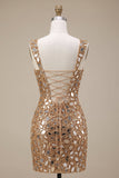 Gouden spiegelpailletten tule bodycon Dikke bandjes korte homecoming jurk met zijsplit