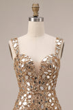 Gouden spiegelpailletten tule bodycon Dikke bandjes korte homecoming jurk met zijsplit