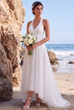 Witte halter A-lijn V-hals trouwjurk met hoge hals en laag