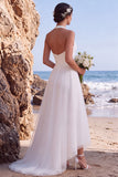 Witte halter A-lijn V-hals trouwjurk met hoge hals en laag