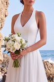 Witte halter A-lijn V-hals trouwjurk met hoge hals en laag