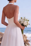 Witte halter A-lijn V-hals trouwjurk met hoge hals en laag