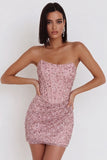 Roze korset gerimpelde pailletten strapless bodycon korte cocktailjurk