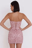 Roze korset gerimpelde pailletten strapless bodycon korte cocktailjurk