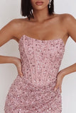 Roze korset gerimpelde pailletten strapless bodycon korte cocktailjurk