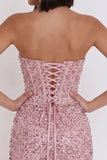 Roze korset gerimpelde pailletten strapless bodycon korte cocktailjurk